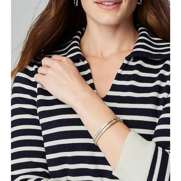 J Jill Top XL Knit Collared Pullover Sweater Striped Navy V Neck Nautical NWT - Picture 5 of 14